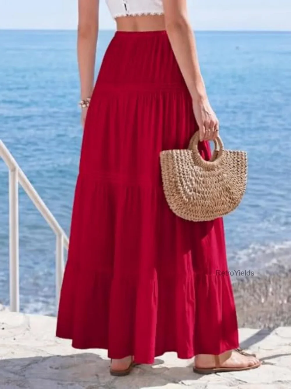 Boho Pleated Maxi Skirt High Waisted Flowy Tiered Skirt Beach Vacation Outfit